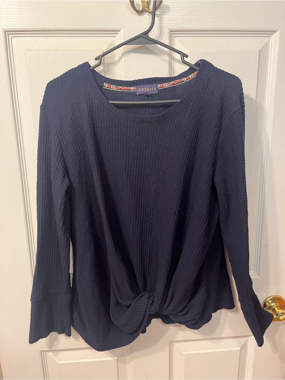 Artesia Navy Long-Sleeve Knot Front Top
